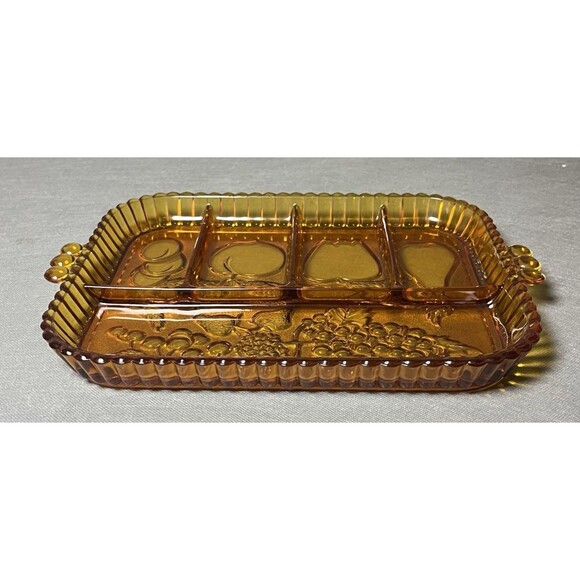 Vintage Indiana Amber Depression Glass Fruit Platter Serving Divided Tray - Picture 4 of 10